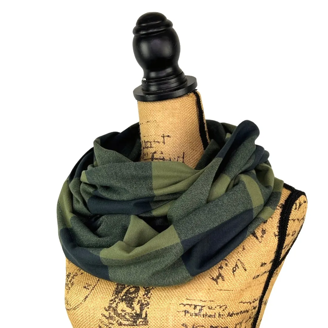 100% Organic Cotton Buffalo Plaid Large Block in Olive Green and Dusty Black Infinity and Blanket Scarves