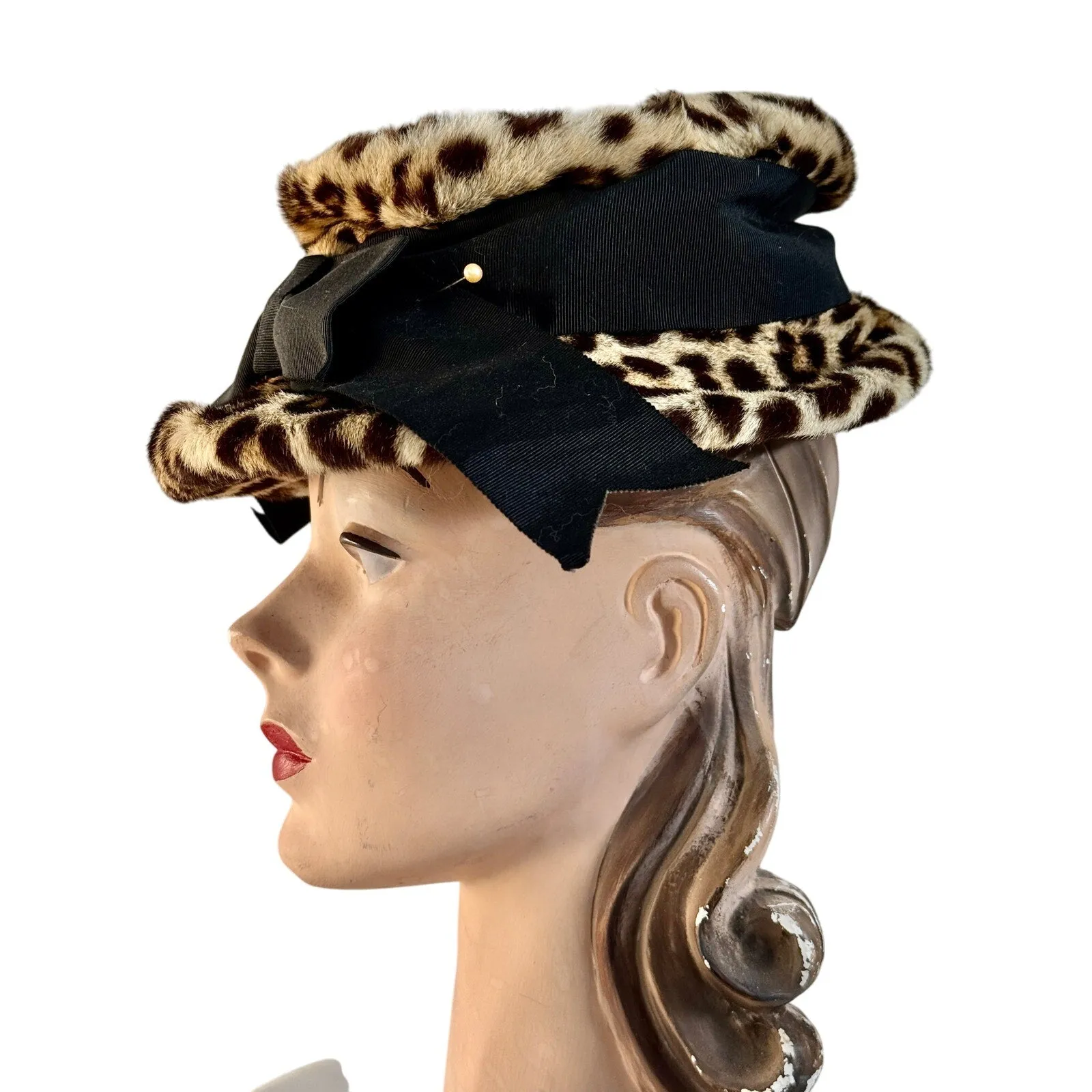 1940s Vintage Leopard Hat Real Fur 1940s Brimmed  Size S/M