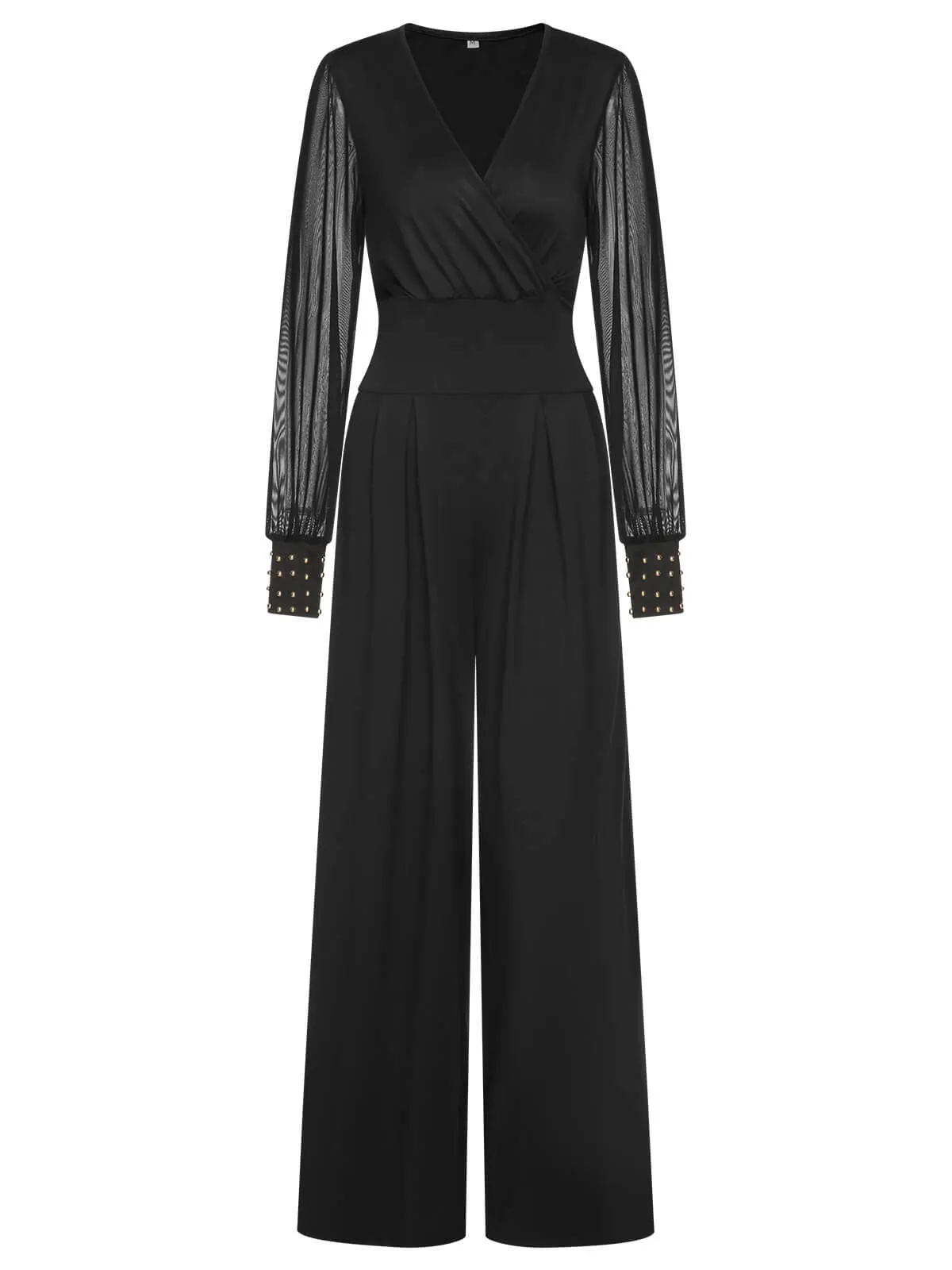 1950s Solid Sheer Sleeves V-Neck Jumpsuit