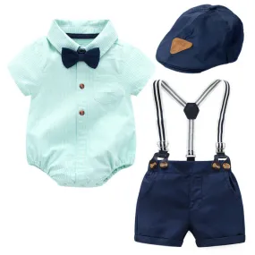 3PCS Baby Boy Bowtie Romper Suspender Baptism Formal Outfit with Baret Hat