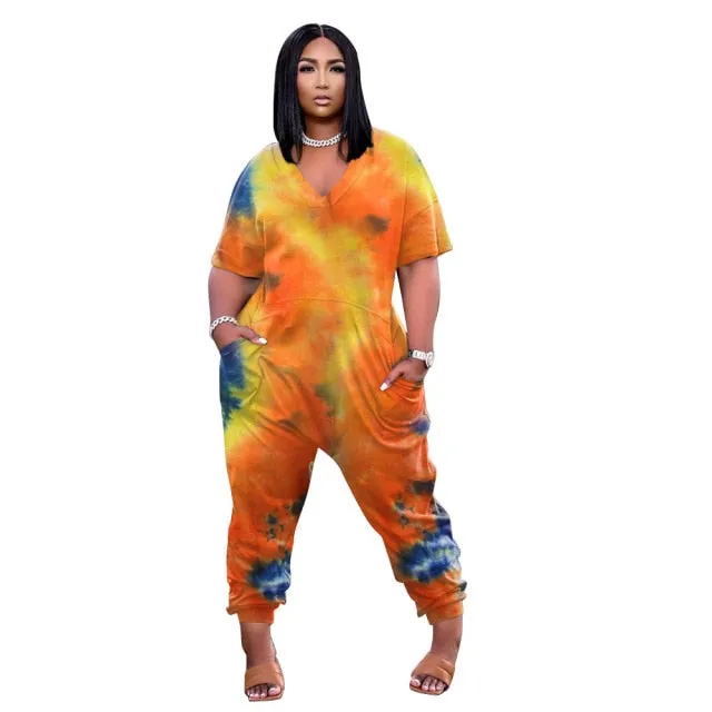 5XL Tie Dye Casual Rompers V Neck Short Sleeve Full Length Plus Size Women