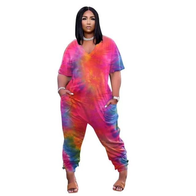 5XL Tie Dye Casual Rompers V Neck Short Sleeve Full Length Plus Size Women