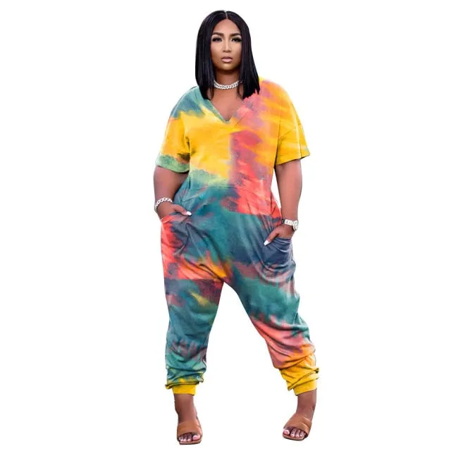 5XL Tie Dye Casual Rompers V Neck Short Sleeve Full Length Plus Size Women