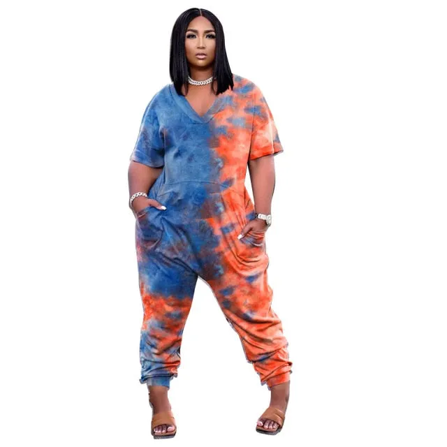 5XL Tie Dye Casual Rompers V Neck Short Sleeve Full Length Plus Size Women