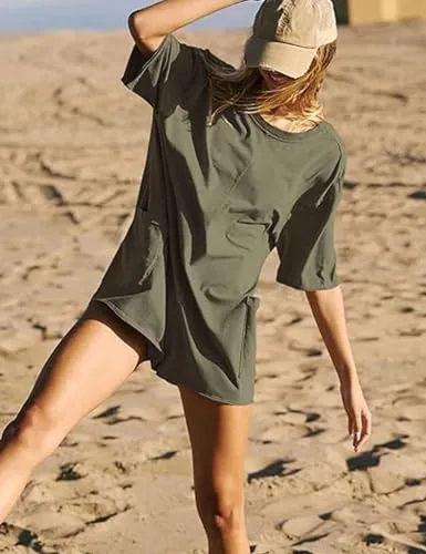 AICHARMWA Women's Oversized Tee Romper V Neck Short Sleeve Athletic One Piece Shorts Jumpsuit with Pockets(010-ArmyGreen-S)