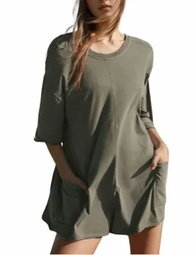 AICHARMWA Women's Oversized Tee Romper V Neck Short Sleeve Athletic One Piece Shorts Jumpsuit with Pockets(010-ArmyGreen-S)