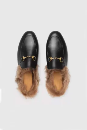 Amozae-Rabbit Fur Lined Leather Loafer Mules