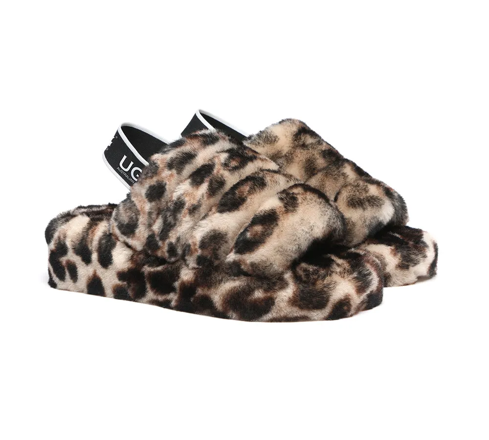 AUSTRALIAN SHEPHERD® UGG Women Slingback Leopard Print Fluffy Slides Pamela