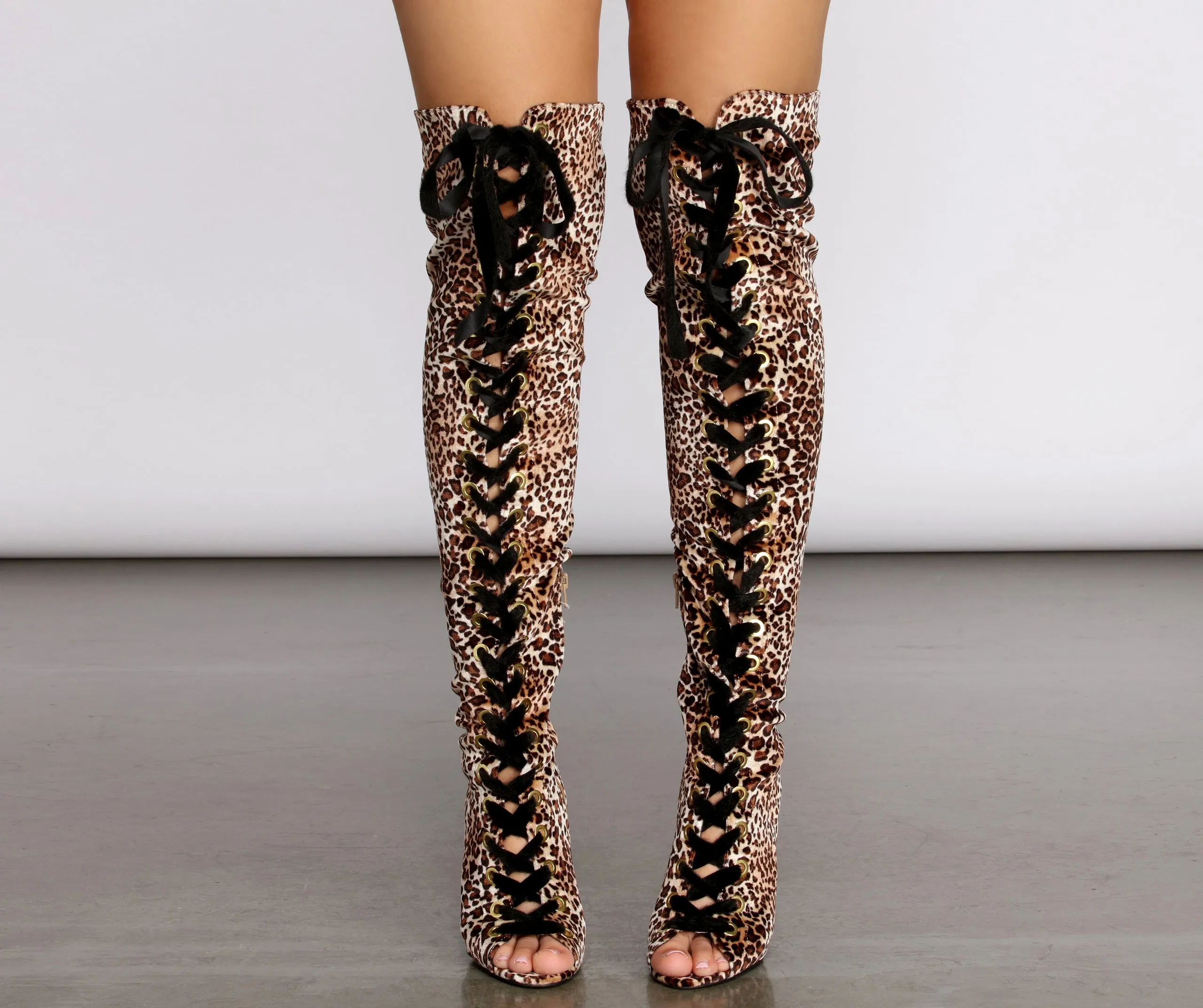 Bad Type Velvet Leopard Thigh High Boots