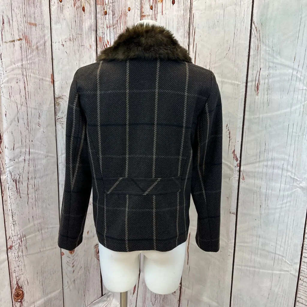 BANANA REPUBLIC EXPRESSO PLAID FAUX FUR COAT SIZE LARGE TC3