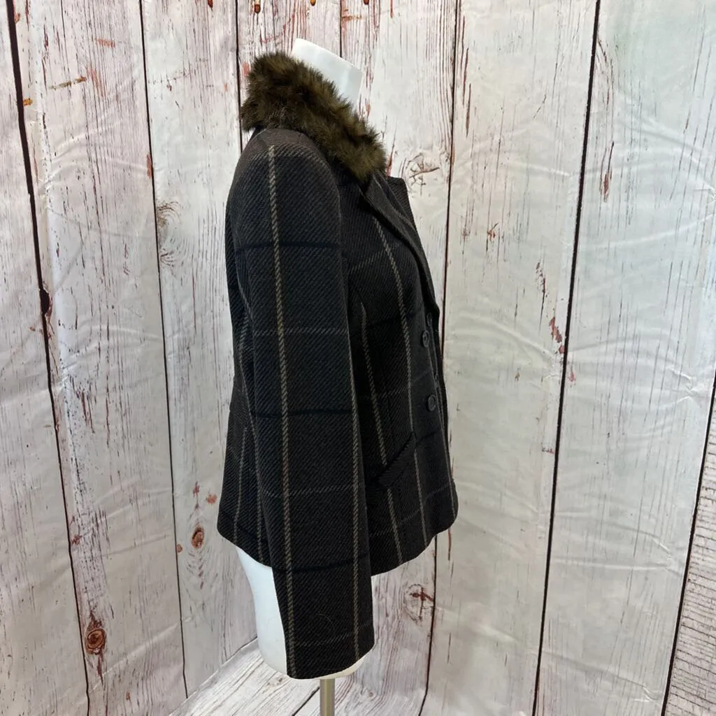 BANANA REPUBLIC EXPRESSO PLAID FAUX FUR COAT SIZE LARGE TC3