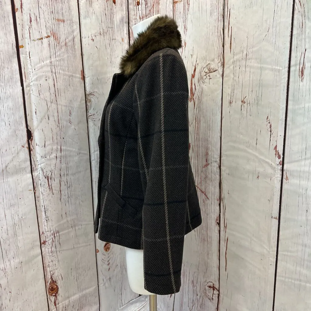 BANANA REPUBLIC EXPRESSO PLAID FAUX FUR COAT SIZE LARGE TC3