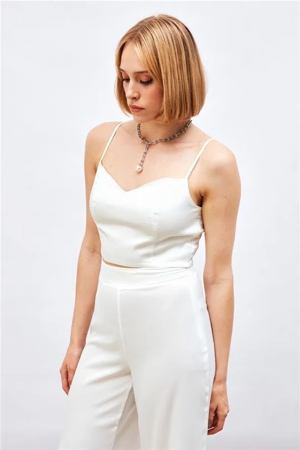 (Basic) Satin Crop Top  with String Straps - white