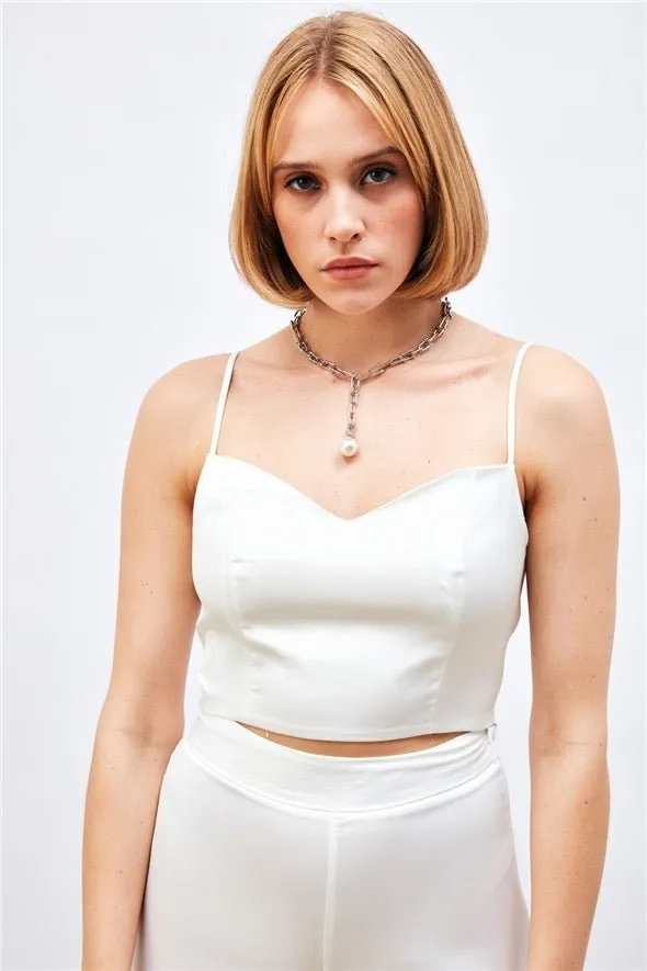 (Basic) Satin Crop Top  with String Straps - white