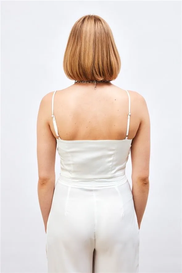 (Basic) Satin Crop Top  with String Straps - white