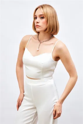 (Basic) Satin Crop Top  with String Straps - white