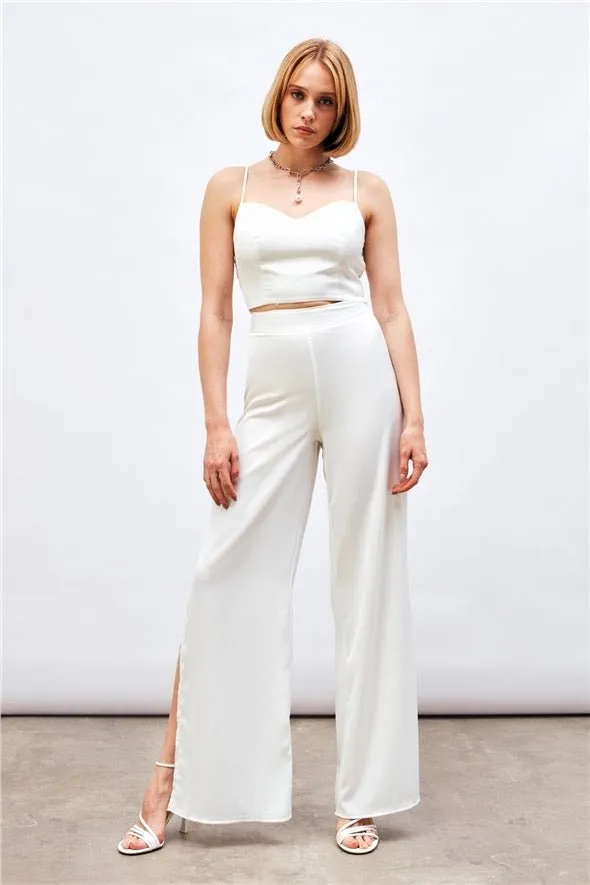 (Basic) Satin Crop Top  with String Straps - white