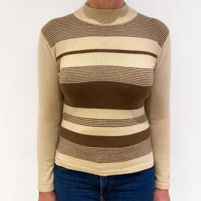 Beige and Light Chocolate Brown Striped Cashmere Turtle Neck Jumper Medium