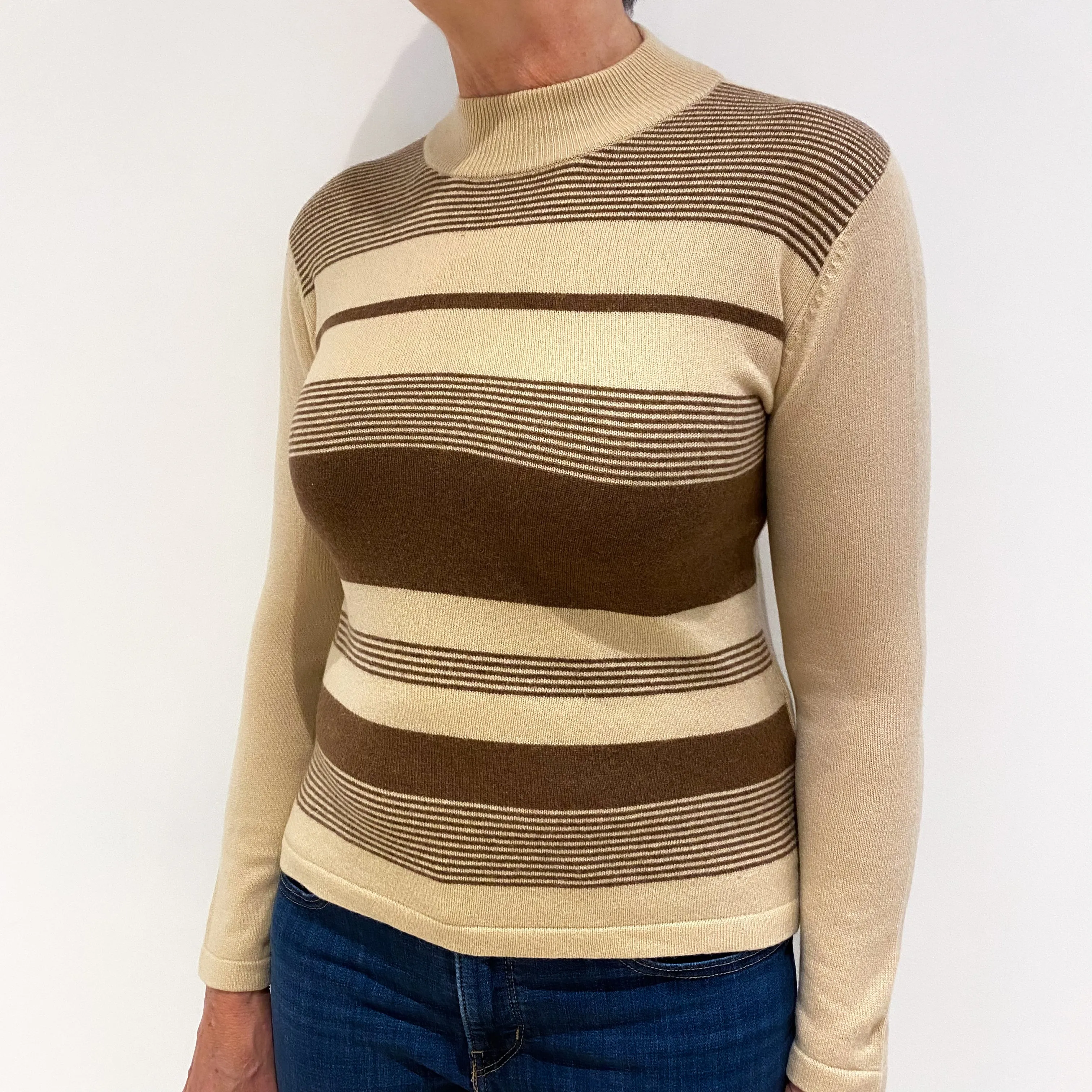 Beige and Light Chocolate Brown Striped Cashmere Turtle Neck Jumper Medium