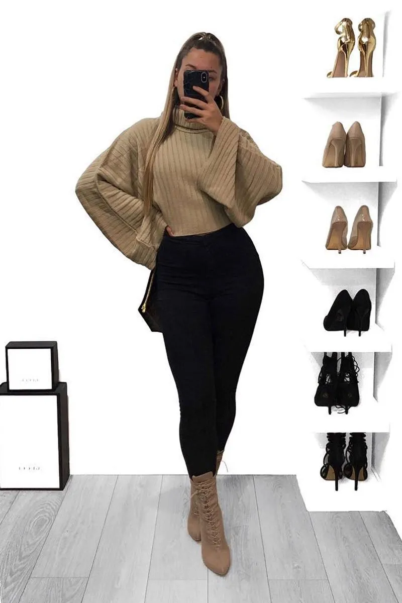 Beige Knit Roll Neck Batwing Jumper - Fallon