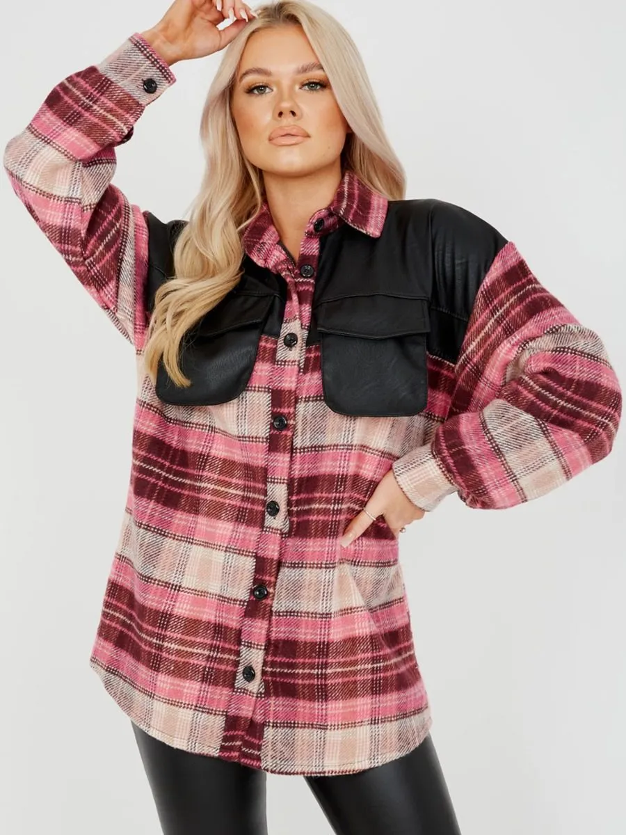 Belle PU Detail Oversized Thick Checked Shacket In Pink