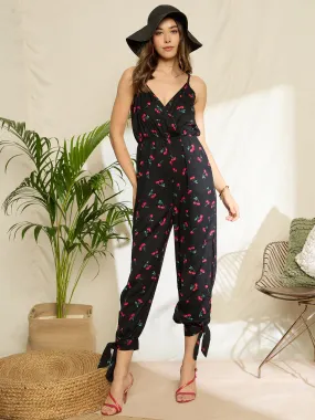 Berrylush Women Black & Red Cherry Printed V-Neck Sleeveless Tie-Up Side-Slits Regular Capri Jumpsuit