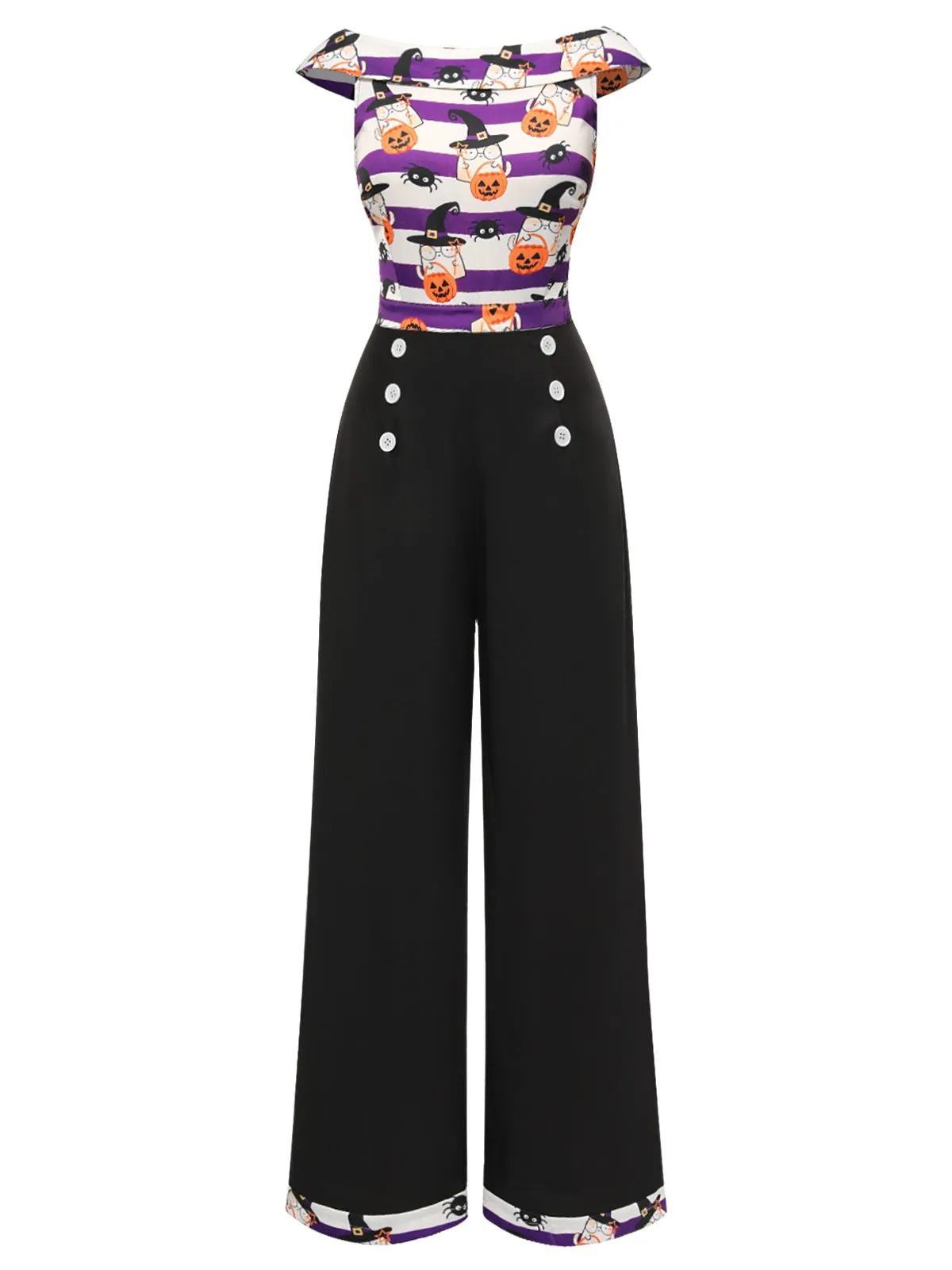 Black 1950s Pumpkin Off Shoulder Patchwork Jumpsuit