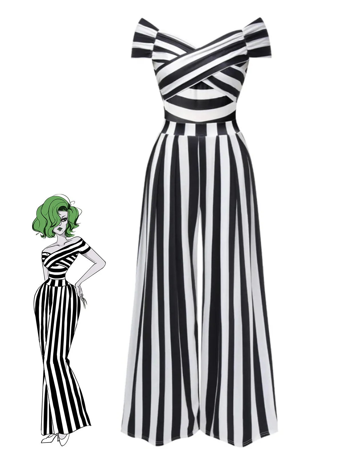 Black 1960s Off-Shoulder Stripes Jumpsuit