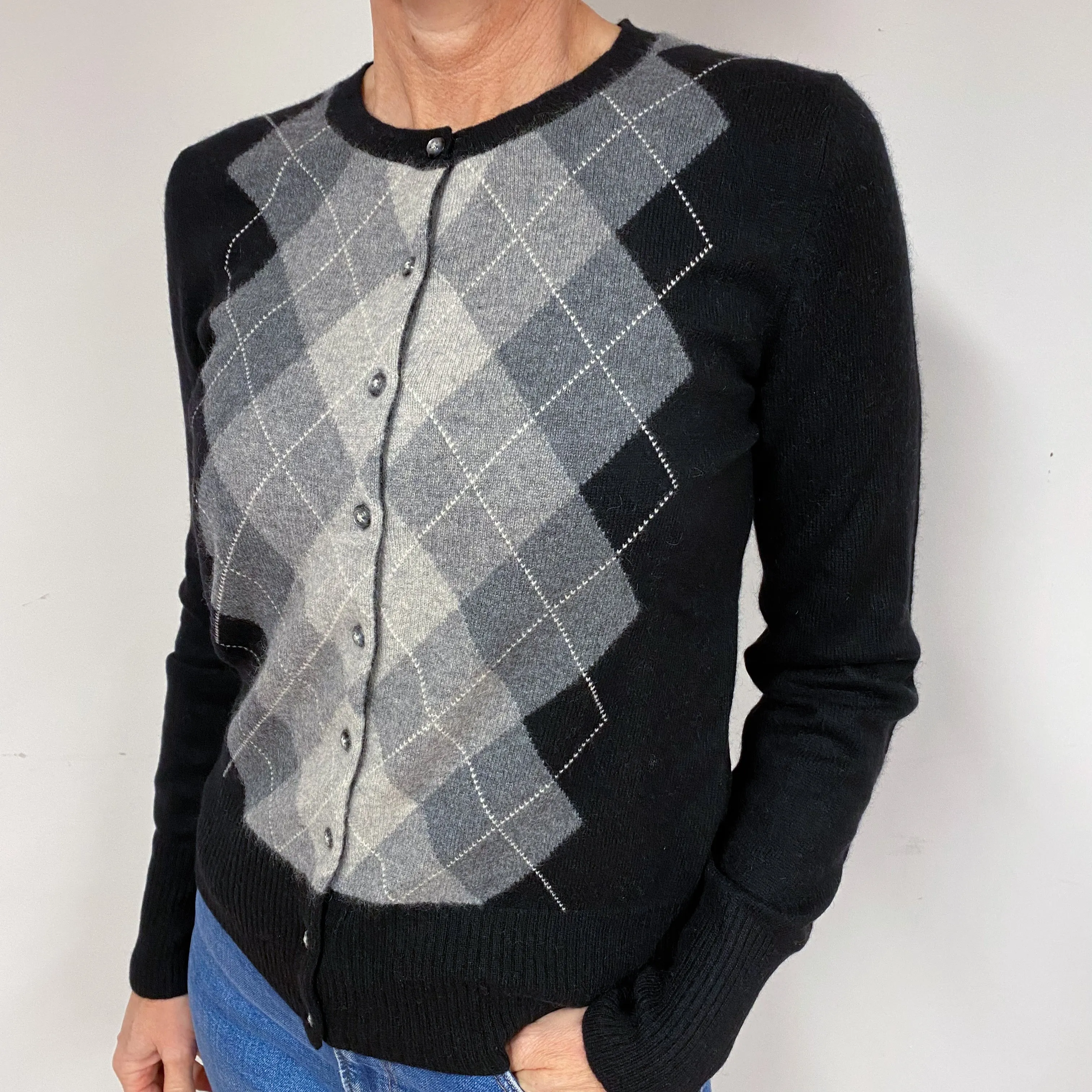 Black and Grey Diamond Cashmere Cardigan Medium