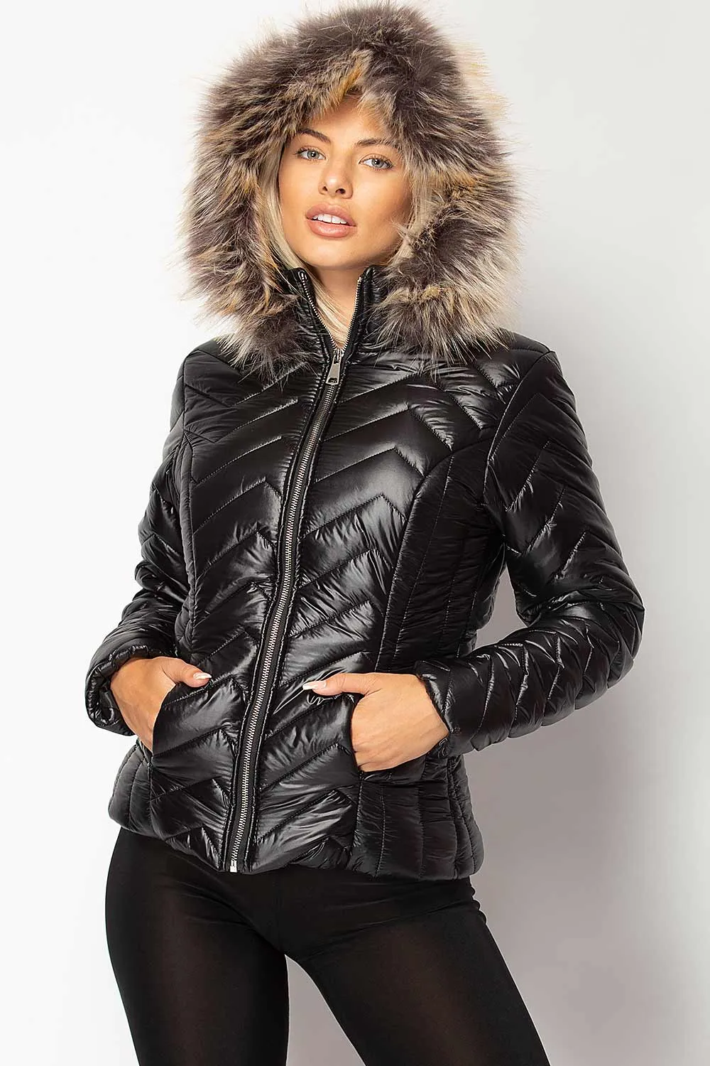 Black Shiny Puffer Quilted Jacket