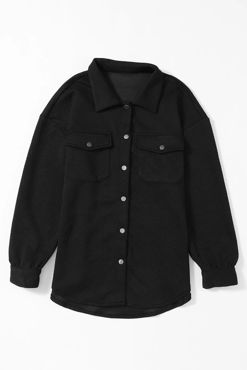 Black Solid Textured Flap Pocket Buttoned Shacket