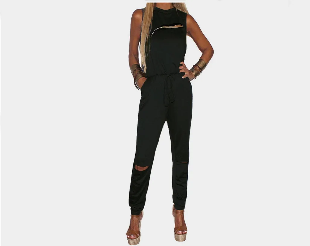 Black Zipper knee cut-out Jumpsuit - The Milano