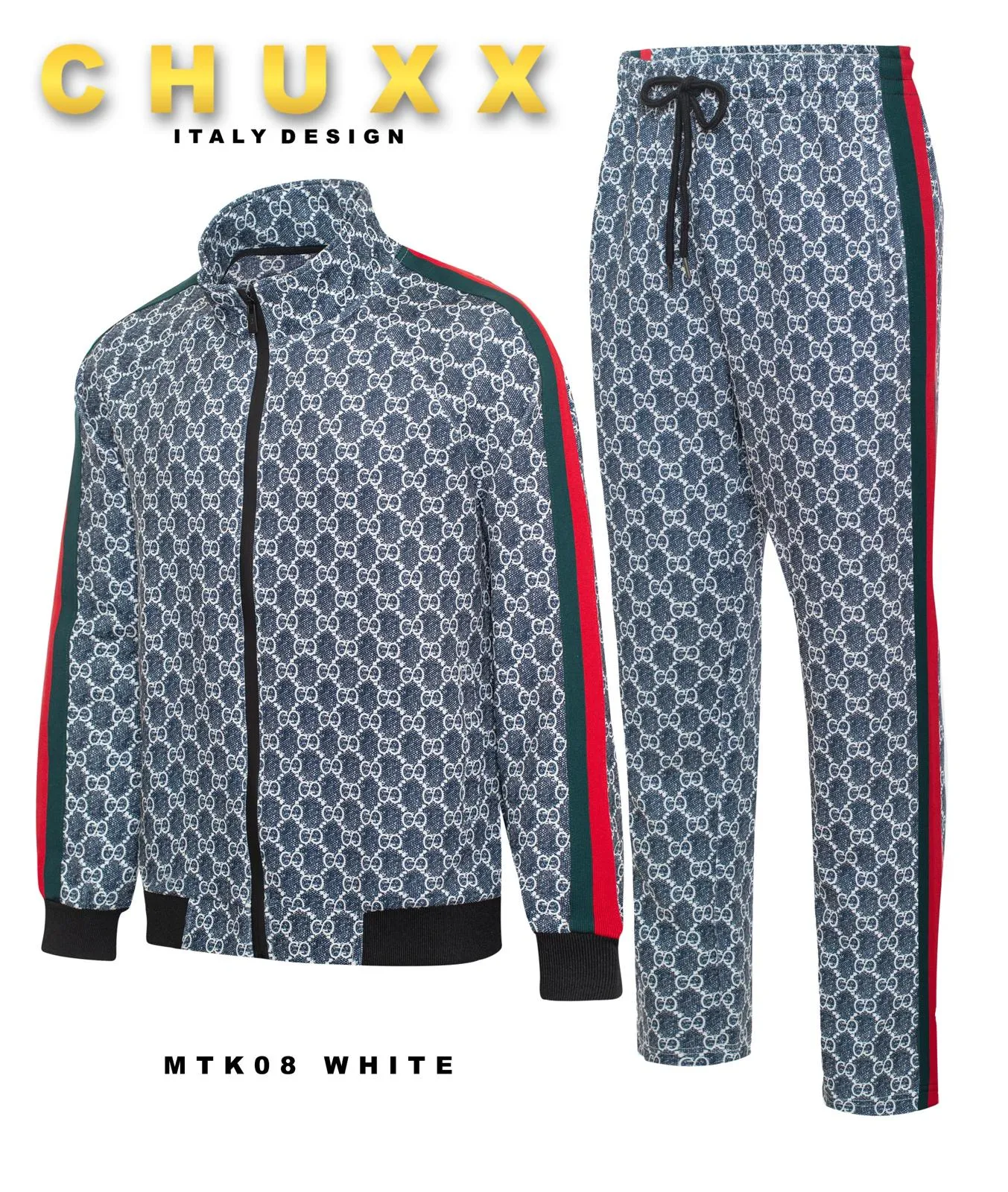 Blue Jeans Men's Tracksuit Jogging 2-Pieces Set Printed Material Red and Green Strips Style No: MTK08