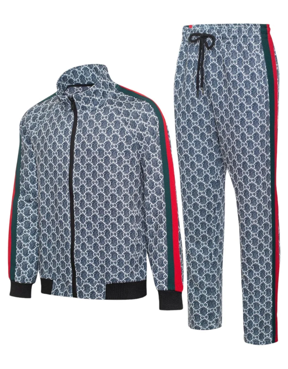 Blue Jeans Men's Tracksuit Jogging 2-Pieces Set Printed Material Red and Green Strips Style No: MTK08