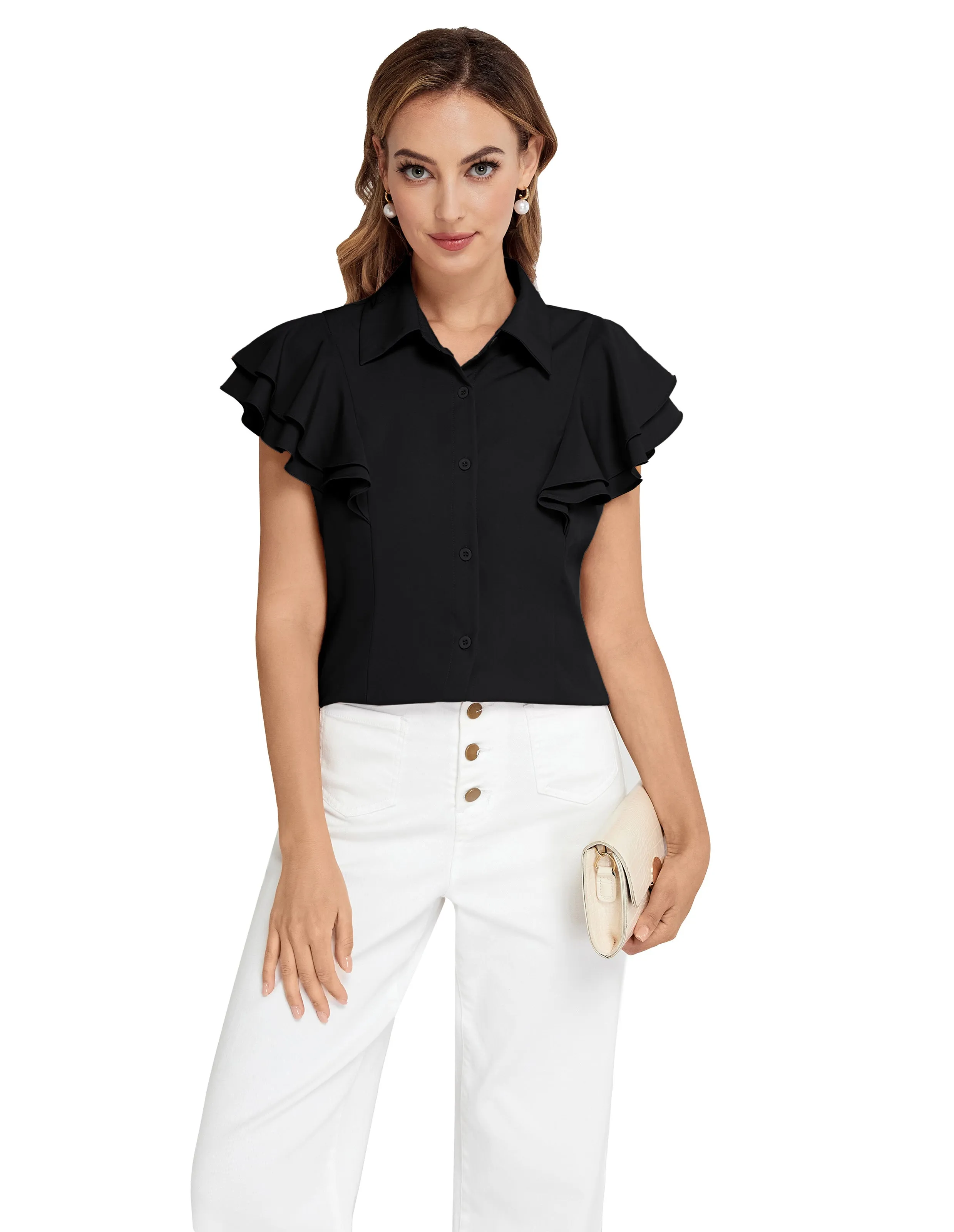 BP Women Vintage Shirt Dual-Layer Flutter Sleeve Lapel Collar Button-up Tops