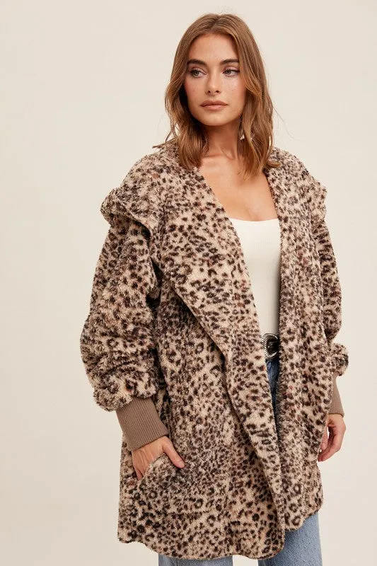 Brown/Leopard  So Soft Leopard Fur Oversized Hoodie Jacket