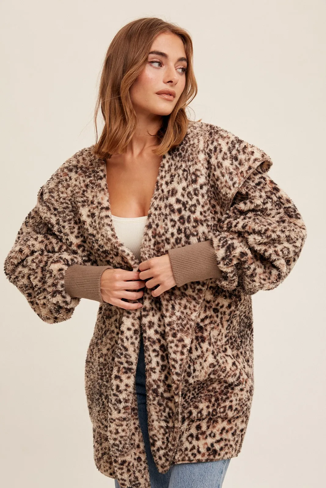 Brown/Leopard  So Soft Leopard Fur Oversized Hoodie Jacket