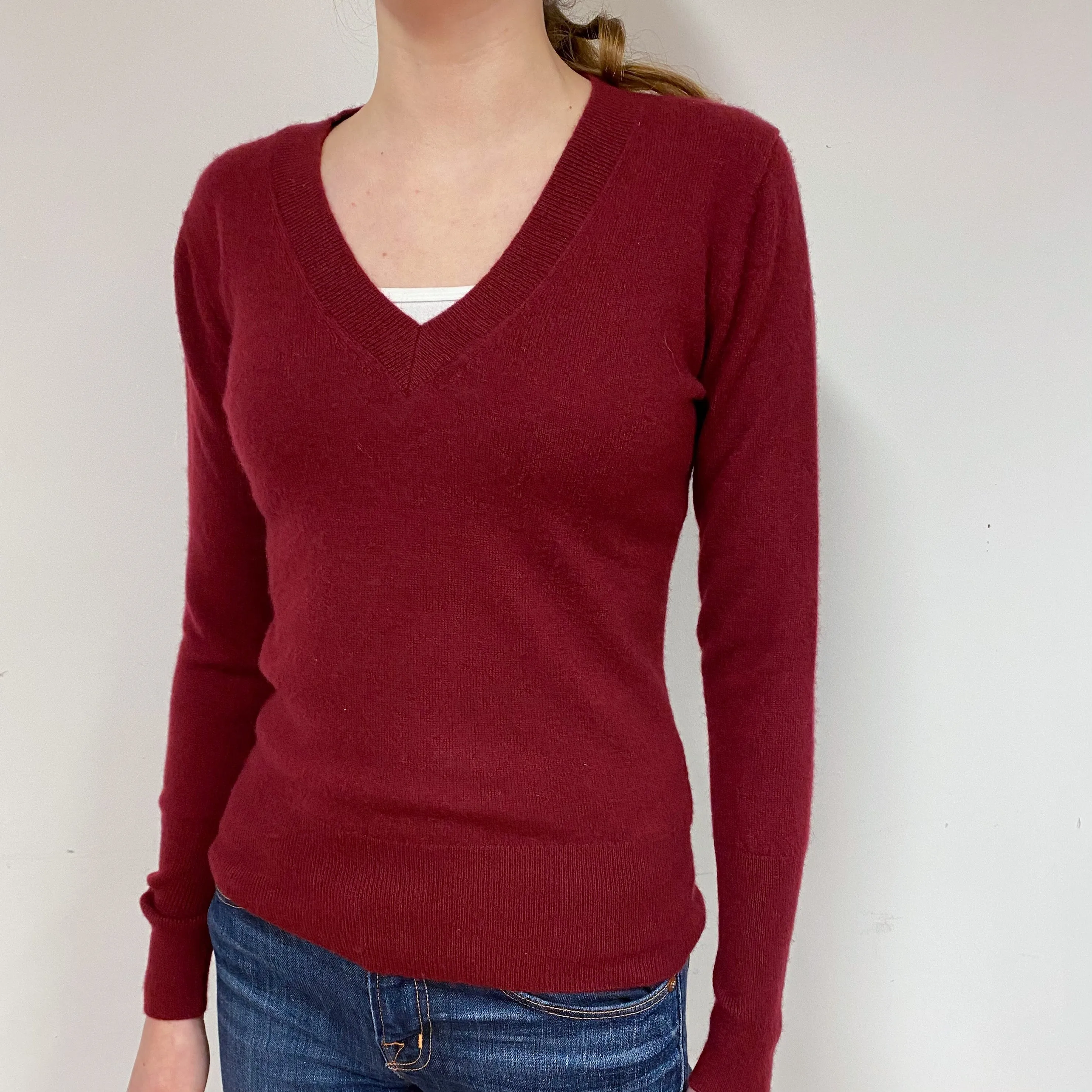 Burgundy Red V-Neck Cashmere Jumper Extra Small