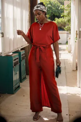 burning red belted wide leg jumpsuit