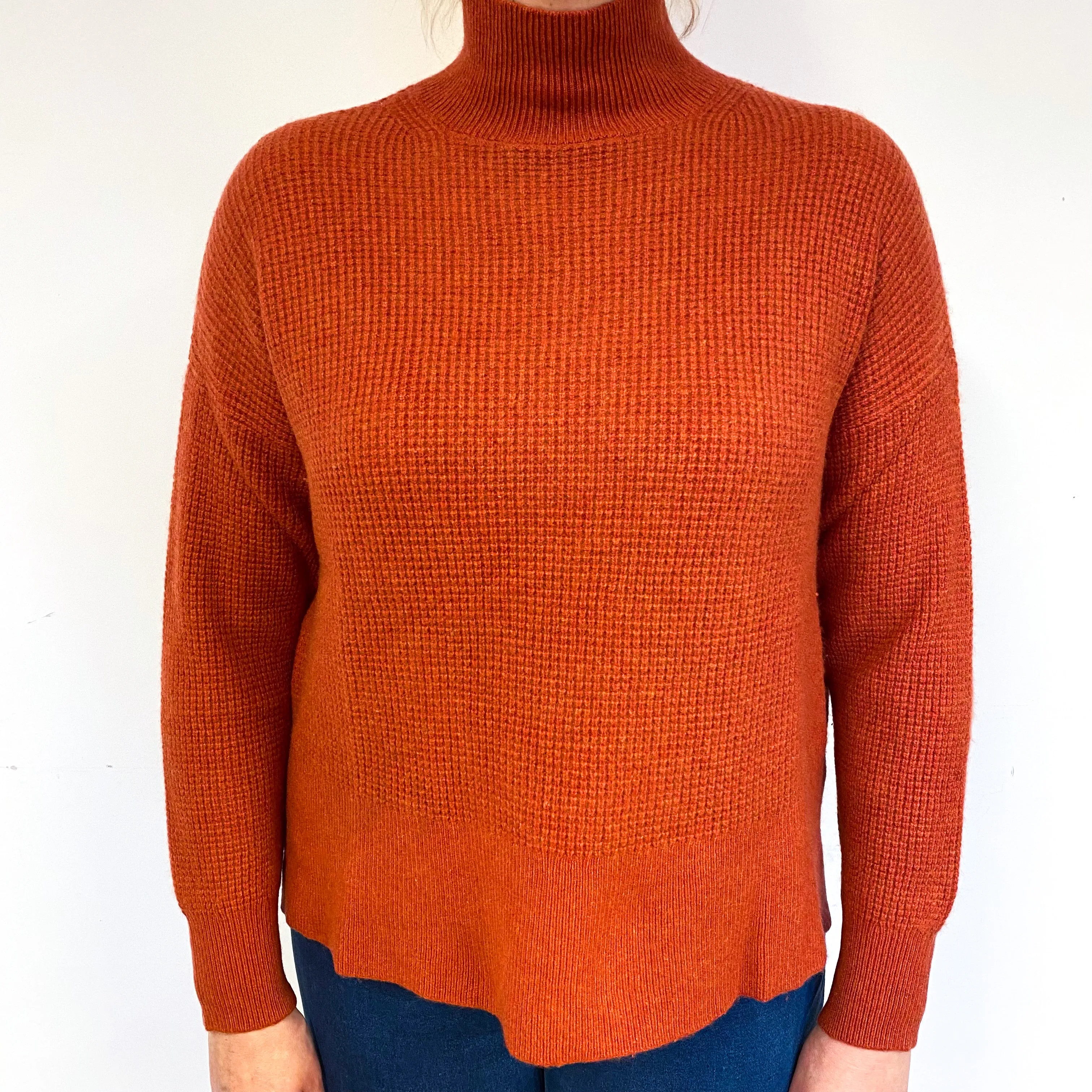 Burnt Orange Waffle Cashmere Turtle Neck Jumper Large