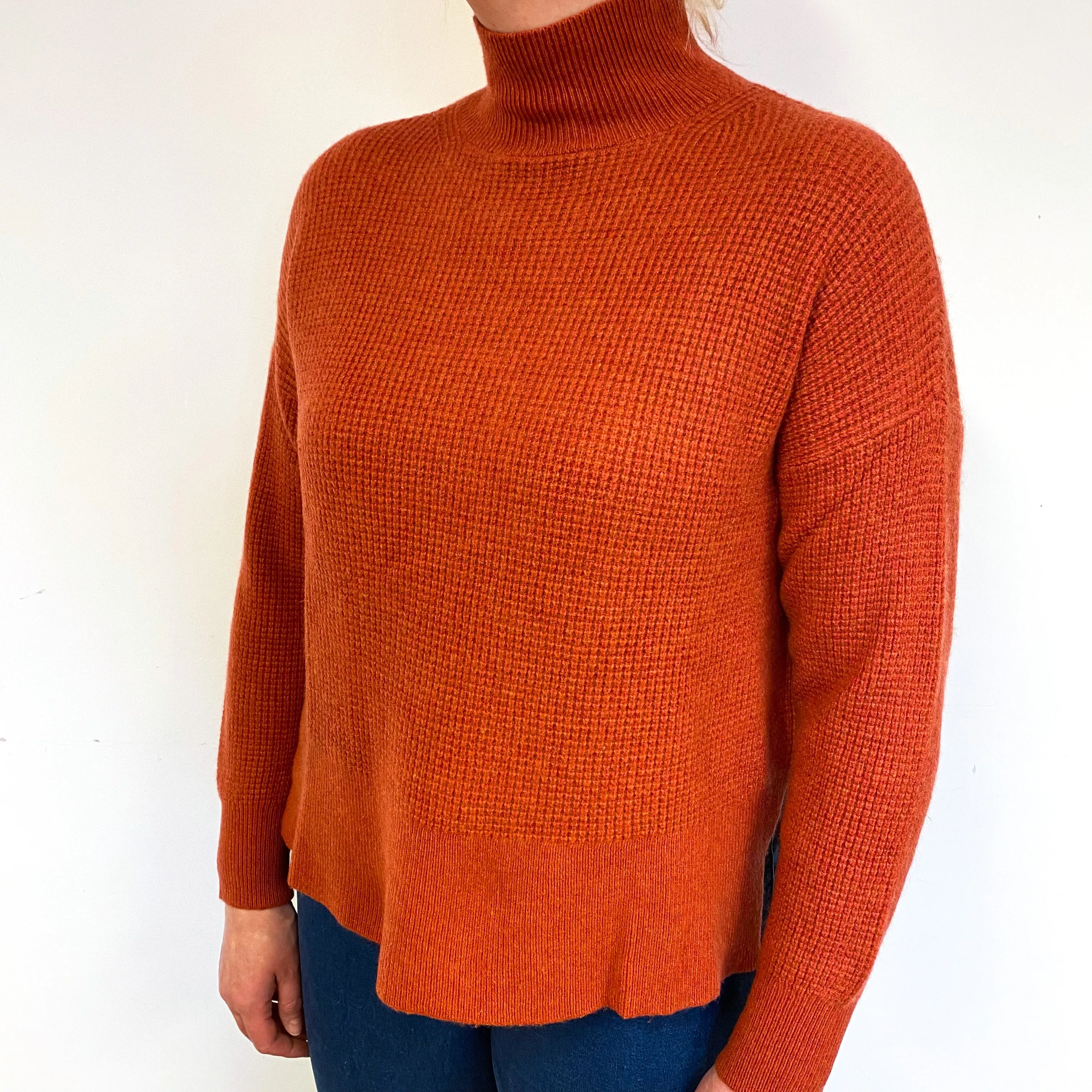 Burnt Orange Waffle Cashmere Turtle Neck Jumper Large