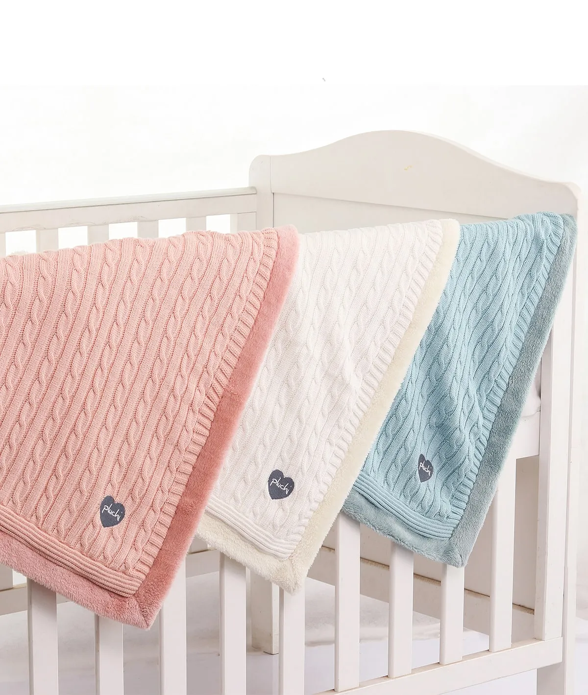 Cable Knit with Embroidered Heart- Baby Blue Cotton Knitted Blanket With Faux Fur Back For Babies