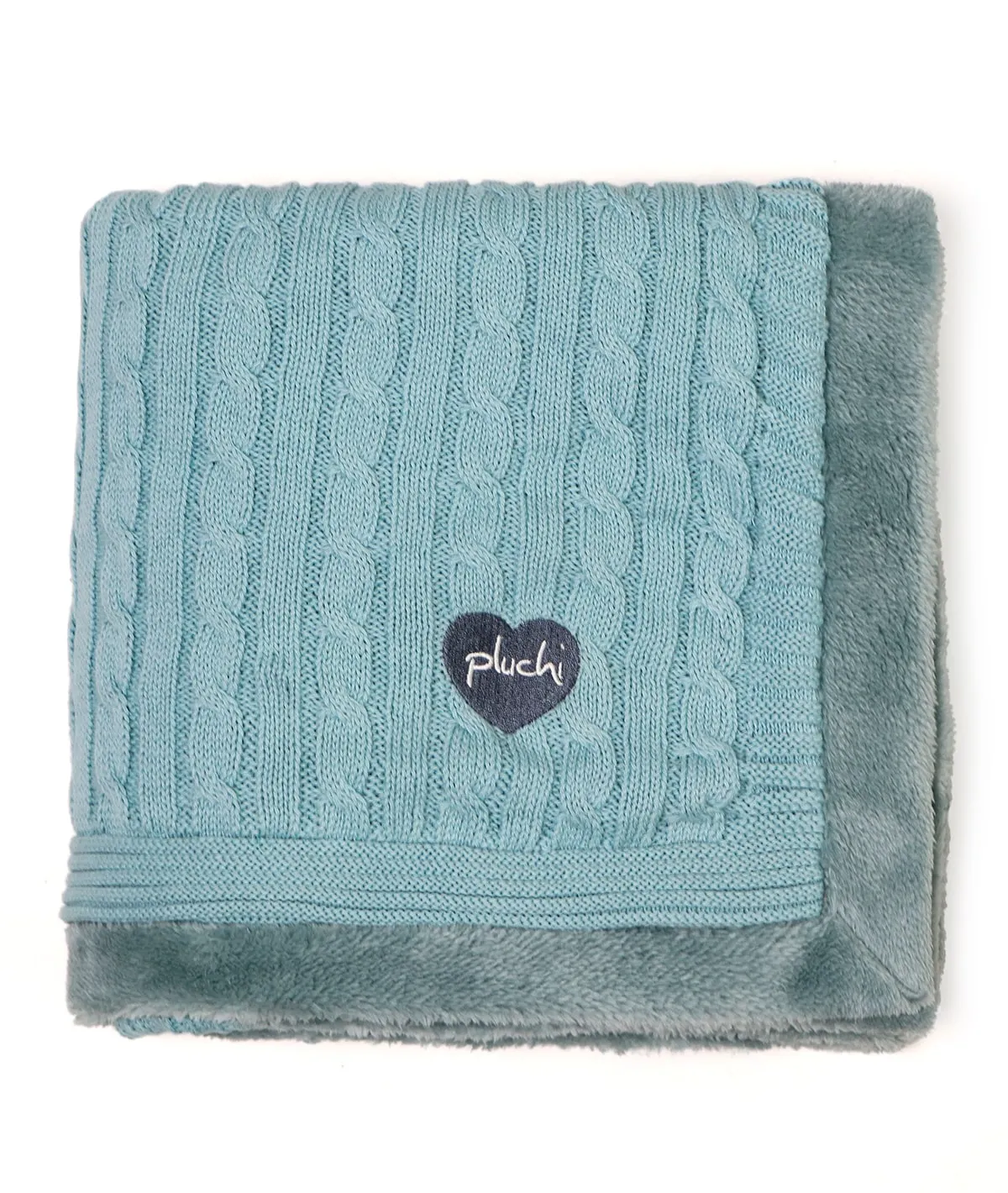 Cable Knit with Embroidered Heart- Baby Blue Cotton Knitted Blanket With Faux Fur Back For Babies