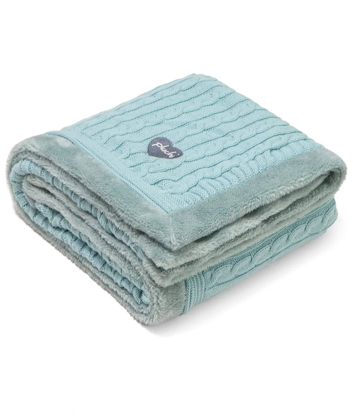 Cable Knit with Embroidered Heart- Baby Blue Cotton Knitted Blanket With Faux Fur Back For Babies