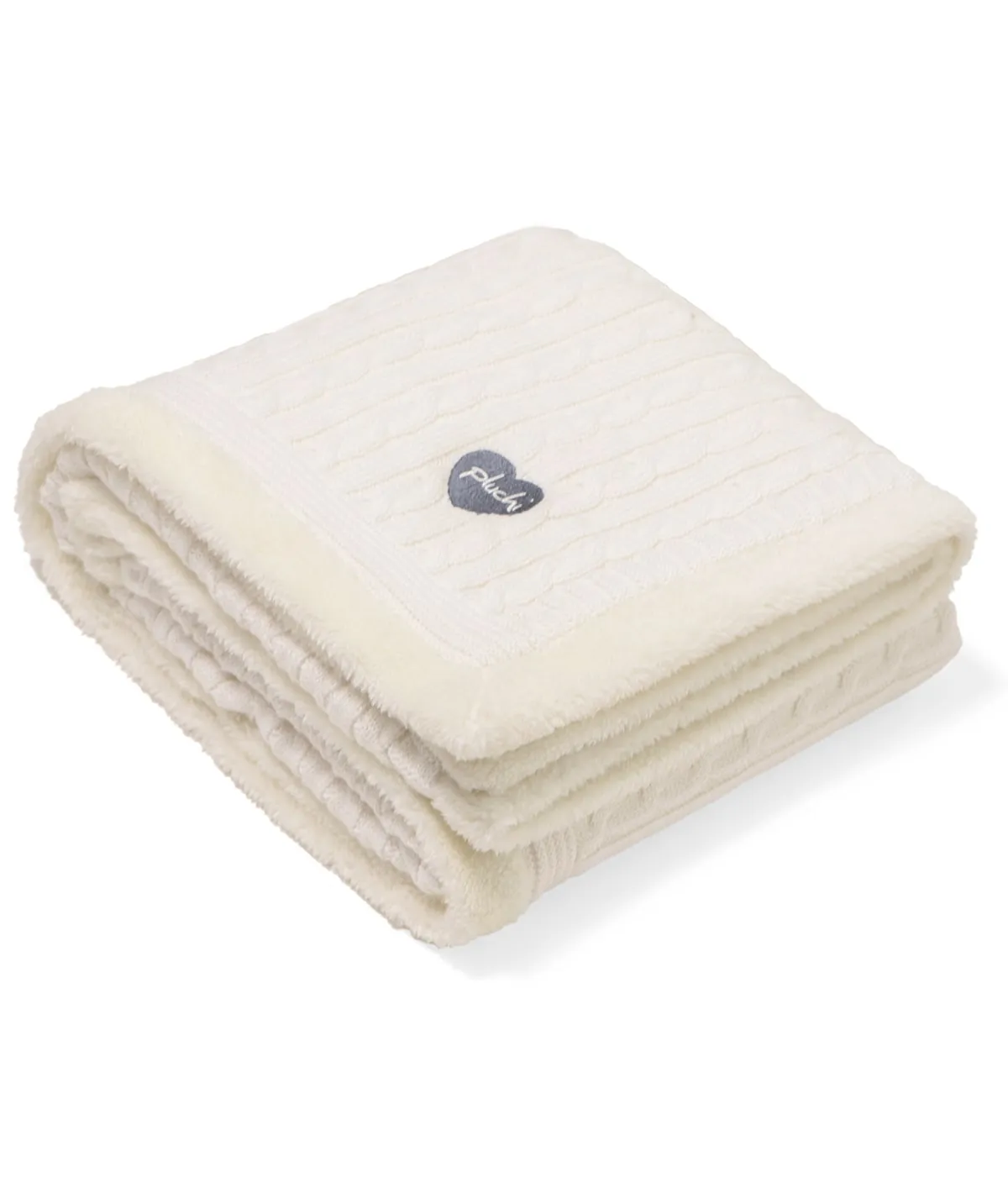 Cable Knit with Embroidered Heart- Ivory Cotton Knitted Blanket With Faux Fur Back For Babies