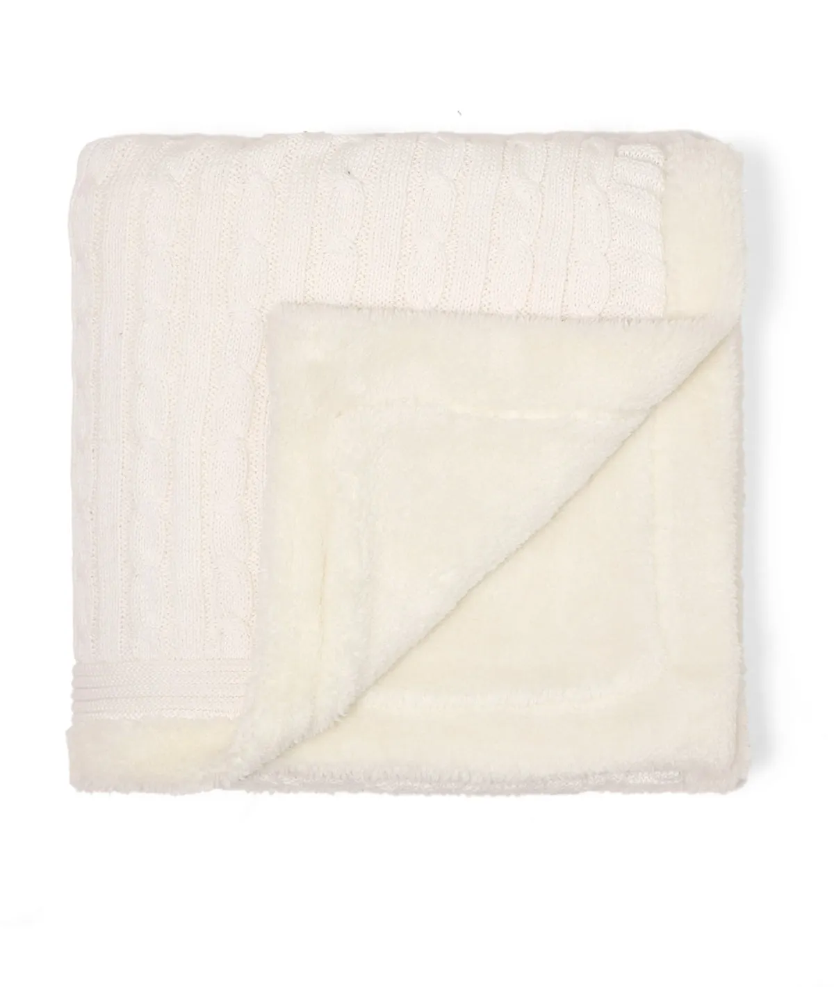 Cable Knit with Embroidered Heart- Ivory Cotton Knitted Blanket With Faux Fur Back For Babies