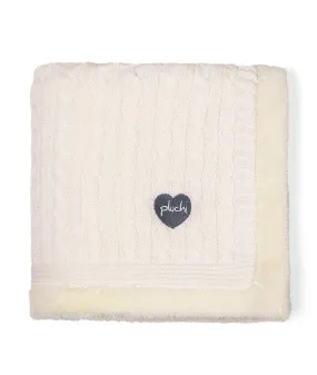 Cable Knit with Embroidered Heart- Ivory Cotton Knitted Blanket With Faux Fur Back For Babies