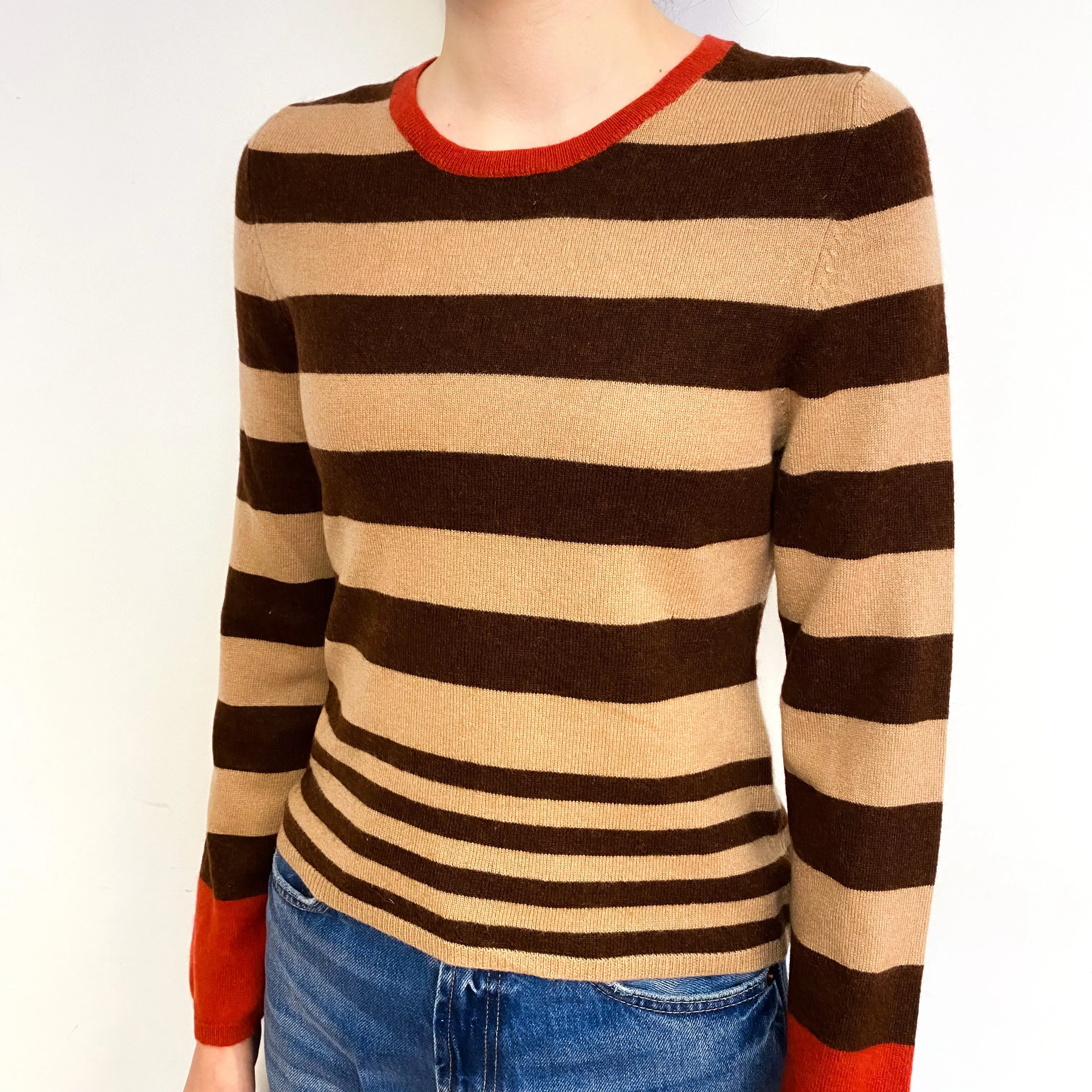 Camel and Brown Stripe Cashmere Crew Neck Jumper Extra Small