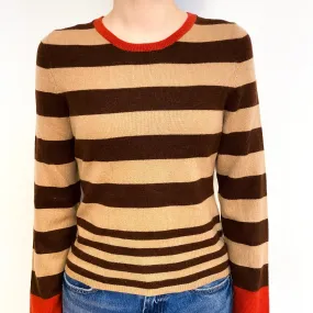 Camel and Brown Stripe Cashmere Crew Neck Jumper Extra Small