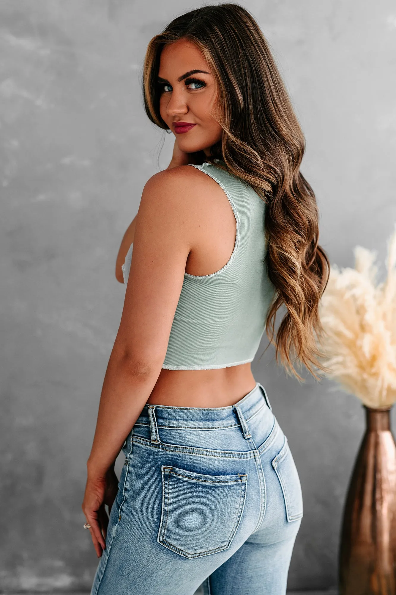 Can You Imagine Color Block Crop Tank Top (Sage)